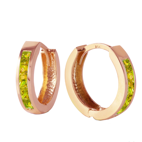 14K. SOLID GOLD HOOP HUGGIE EARRING WITH PERIDOTS (Rose Gold) - Picture 3 of 5